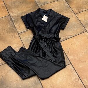 Kittenish Black Satin Jumpsuit with Belt